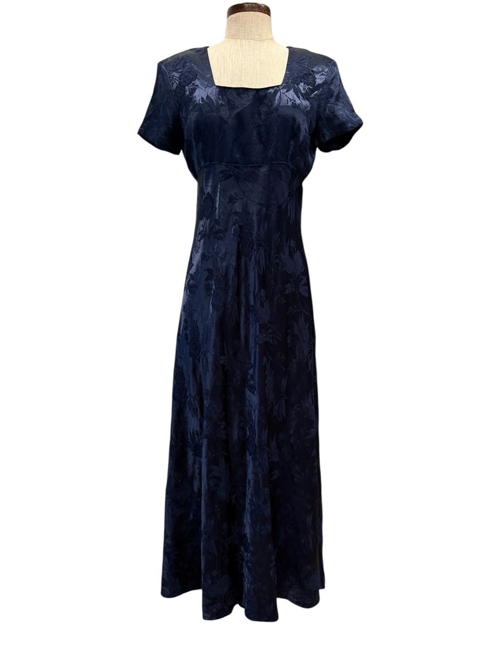 90s vintage square neck floral jacquard satin maxi dress